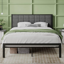 Load image into Gallery viewer, Full Metal Platform Bed Frame with Gray Button Tufted Upholstered Headboard