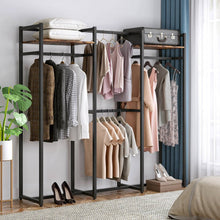 Load image into Gallery viewer, Black Metal Garment Rack with 4 Clothes Hanging Rods and 2 Wood Storage Shelves