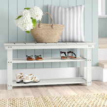 Load image into Gallery viewer, White Slatted Wood 2-Shelf Shoe Rack Storage Bench For Entryway or Closet