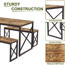 Load image into Gallery viewer, Modern Industrial Wood-Top Kitchen Dining Table Set with 2 Backless Benches