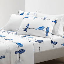 Load image into Gallery viewer, Full size Blue White Floral Birds on Wire Soft Polyester 6 Piece Sheet Set