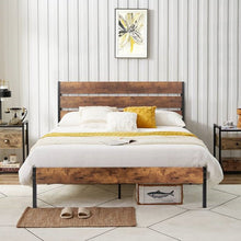 Load image into Gallery viewer, Full Industrial Platform Bed Frame with Brown Wood Slatted Headboard Footboard
