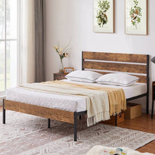 Load image into Gallery viewer, Full Industrial Platform Bed Frame with Brown Wood Slatted Headboard Footboard