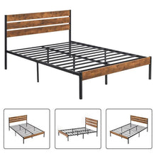 Load image into Gallery viewer, Full Industrial Platform Bed Frame with Brown Wood Slatted Headboard Footboard