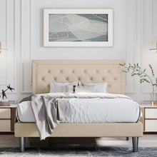 Load image into Gallery viewer, Full Size Adjustable Height Platform Bed Frame with Beige Upholstered Headboard