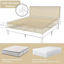 Load image into Gallery viewer, Full Size Adjustable Height Platform Bed Frame with Beige Upholstered Headboard
