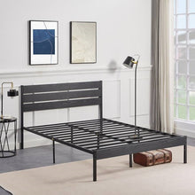 Load image into Gallery viewer, Full size Industrial Platform Bed Frame with Wood Slatted Headboard in Black