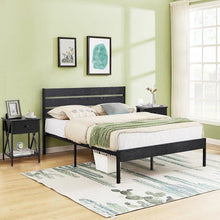 Load image into Gallery viewer, Full size Industrial Platform Bed Frame with Wood Slatted Headboard in Black