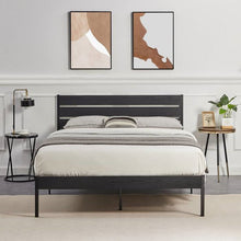 Load image into Gallery viewer, Full size Industrial Platform Bed Frame with Wood Slatted Headboard in Black