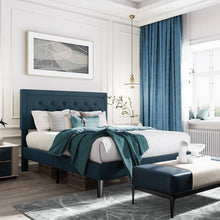 Load image into Gallery viewer, Full Size Adjustable Height Platform Bed Frame with Blue Upholstered Headboard
