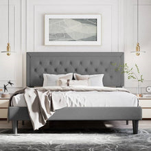 Load image into Gallery viewer, Full Size Dark Grey Linen Upholstered Platform Bed with Button-Tufted Headboard