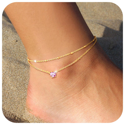 FindChic Anklets for Women Waterproof, Bling Heart Tourmaline Birthstone Ankle Bracelets Gold Plated Stainless Steel Layered Beaded Foot Chain Summer Jewelry for Birthday Mothers Day with Gift Box