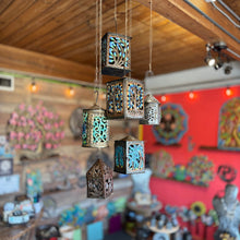 Load image into Gallery viewer, Painted Tree of Life Hanging Lantern- Blue/Bronze