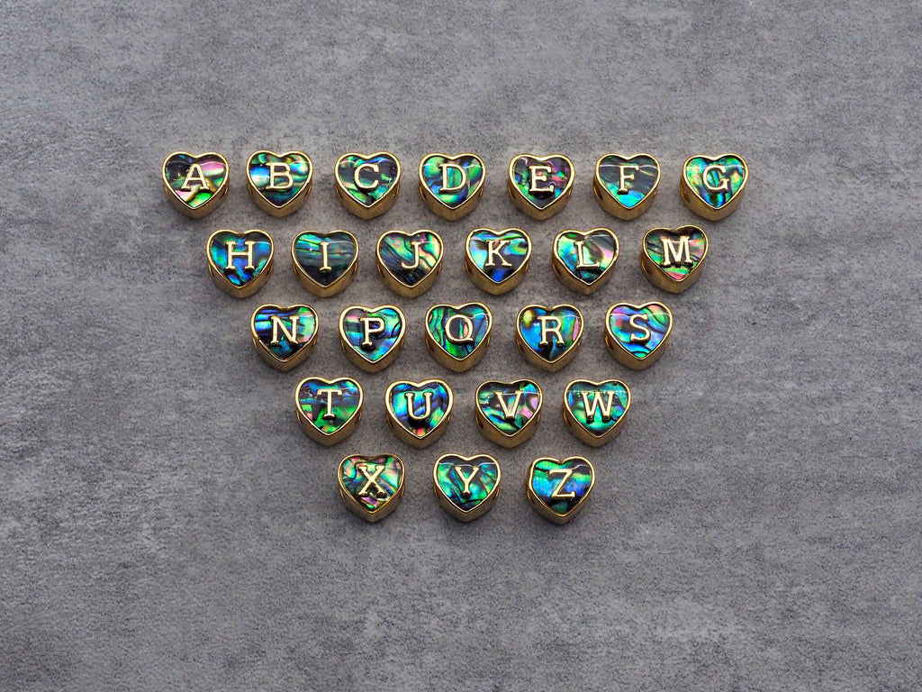 New Trendy Abalone Gold Heart Beads, A-Z 26 Initials Letter Space Beads, Initial Letter Charm, 7x9x10mm,sku#G421