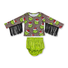 Load image into Gallery viewer, Leopard green face tassels velvet bummies baby Christmas outfits