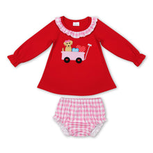 Load image into Gallery viewer, Dog heart red top plaid bummies girls Valentine's set