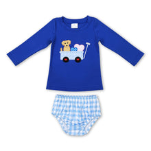 Load image into Gallery viewer, Dog heart blue top plaid bummies boy Valentine's set