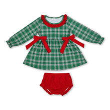 Load image into Gallery viewer, Green plaid tunic red bummies baby girls Christmas set