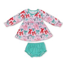 Load image into Gallery viewer, Colorful bow tunic green bummies girls clothing set