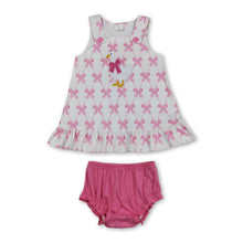 Load image into Gallery viewer, Sleeveless pink bow goose embroidery baby girls bummies set