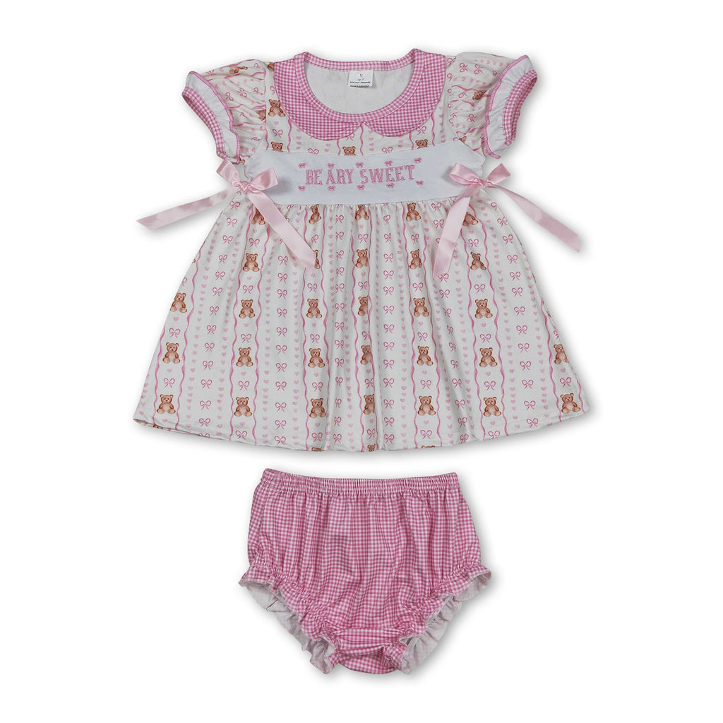 Sleeveless bear bow sweet baby girls  bummies set