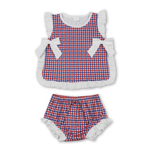 Load image into Gallery viewer, Ruffle red blue plaid baby girls 4th of july bummies set