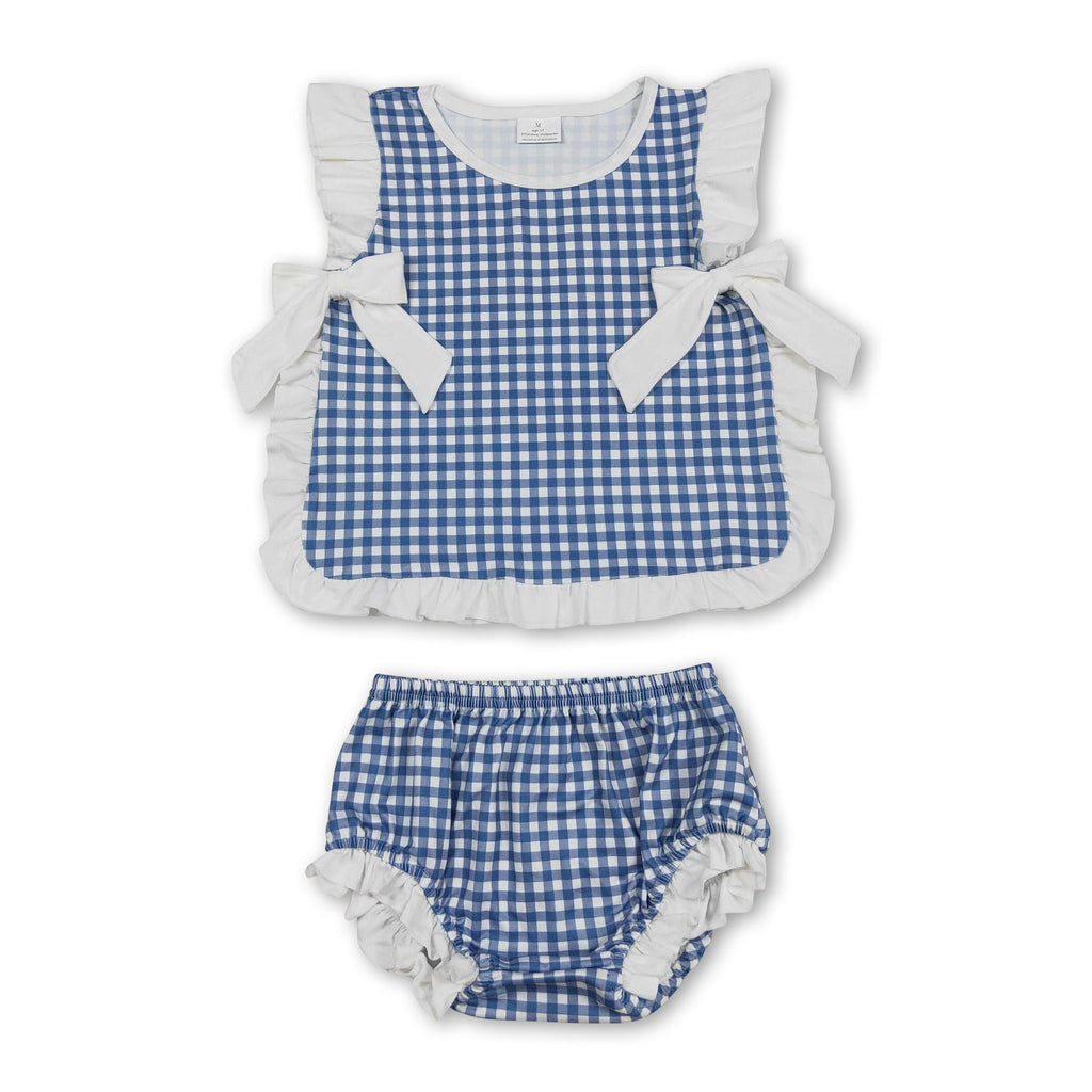 Ruffle bow blue plaid baby girls summer bummies set