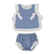 Load image into Gallery viewer, Ruffle bow blue plaid baby girls summer bummies set