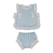 Load image into Gallery viewer, Ruffle bow light blue plaid baby girls summer bummies set