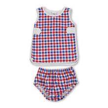 Load image into Gallery viewer, Red blue plaid top bummies baby boys 4th of july set
