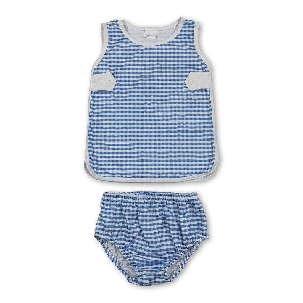 Sleeveless top light blue plaid bummies baby girls set