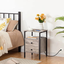 Load image into Gallery viewer, Modern Black Metal Nightstand with Grey Wood Finish Drawers and Shelf
