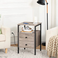 Load image into Gallery viewer, Modern Black Metal Nightstand with Grey Wood Finish Drawers and Shelf
