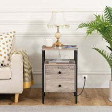 Load image into Gallery viewer, Modern Black Metal Nightstand with Grey Wood Finish Drawers and Shelf