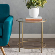 Load image into Gallery viewer, Round Glass Top End Table Nightstand with Gold Metal Frame