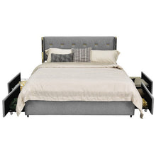 Load image into Gallery viewer, Full Size Grey/Gold Linen Headboard 4 Drawer Storage Platform Bed