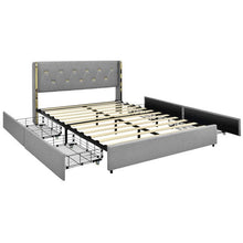 Load image into Gallery viewer, Full Size Grey/Gold Linen Headboard 4 Drawer Storage Platform Bed