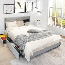 Load image into Gallery viewer, Full Size Grey/Gold Linen Headboard 4 Drawer Storage Platform Bed
