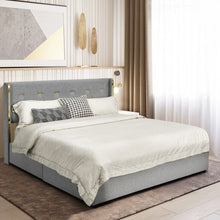 Load image into Gallery viewer, Full Size Grey/Gold Linen Headboard 4 Drawer Storage Platform Bed