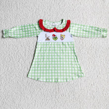 Load image into Gallery viewer, Plaid sleeves green face embroidery girls Christmas dresses