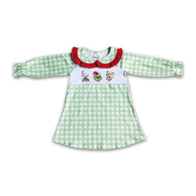 Load image into Gallery viewer, Plaid sleeves green face embroidery girls Christmas dresses