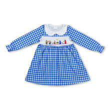 Load image into Gallery viewer, Long sleeves blue plaid nativity girls Christmas dresses