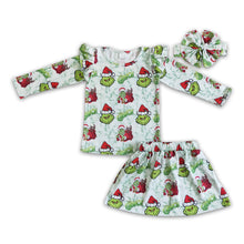 Load image into Gallery viewer, Green face long sleeve shirt skirt kids girls Christmas set