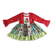 Load image into Gallery viewer, Green face long sleeve panel twirl baby girls Christmas dresses