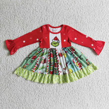 Load image into Gallery viewer, Green face long sleeve panel twirl baby girls Christmas dresses