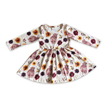Load image into Gallery viewer, Highland cow floral long sleeves baby girls twirl dresses