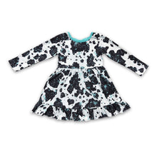 Load image into Gallery viewer, Turquoise bow cow long sleeves baby girls dresses
