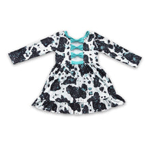 Load image into Gallery viewer, Turquoise bow cow long sleeves baby girls dresses