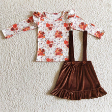 Load image into Gallery viewer, Floral shirt match brown velvet suspender skirt girls fall winter clothes