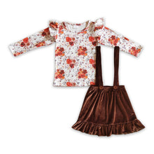 Load image into Gallery viewer, Floral shirt match brown velvet suspender skirt girls fall winter clothes